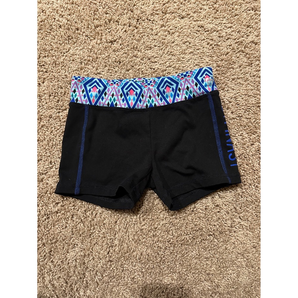 Justice Girls Gymnastics Shorts Black Blue‎ Geometric Print Waistband Size 7